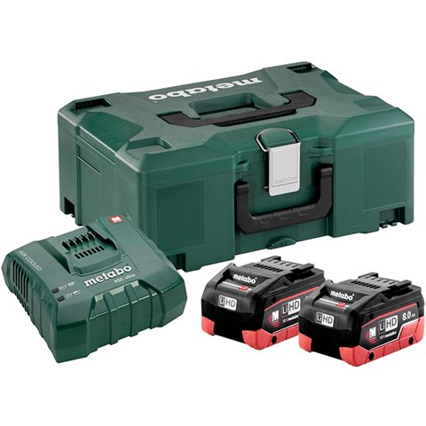 Metabo Bas-set Laddpaket 2st 8,0Ah batterier, laddare och väska